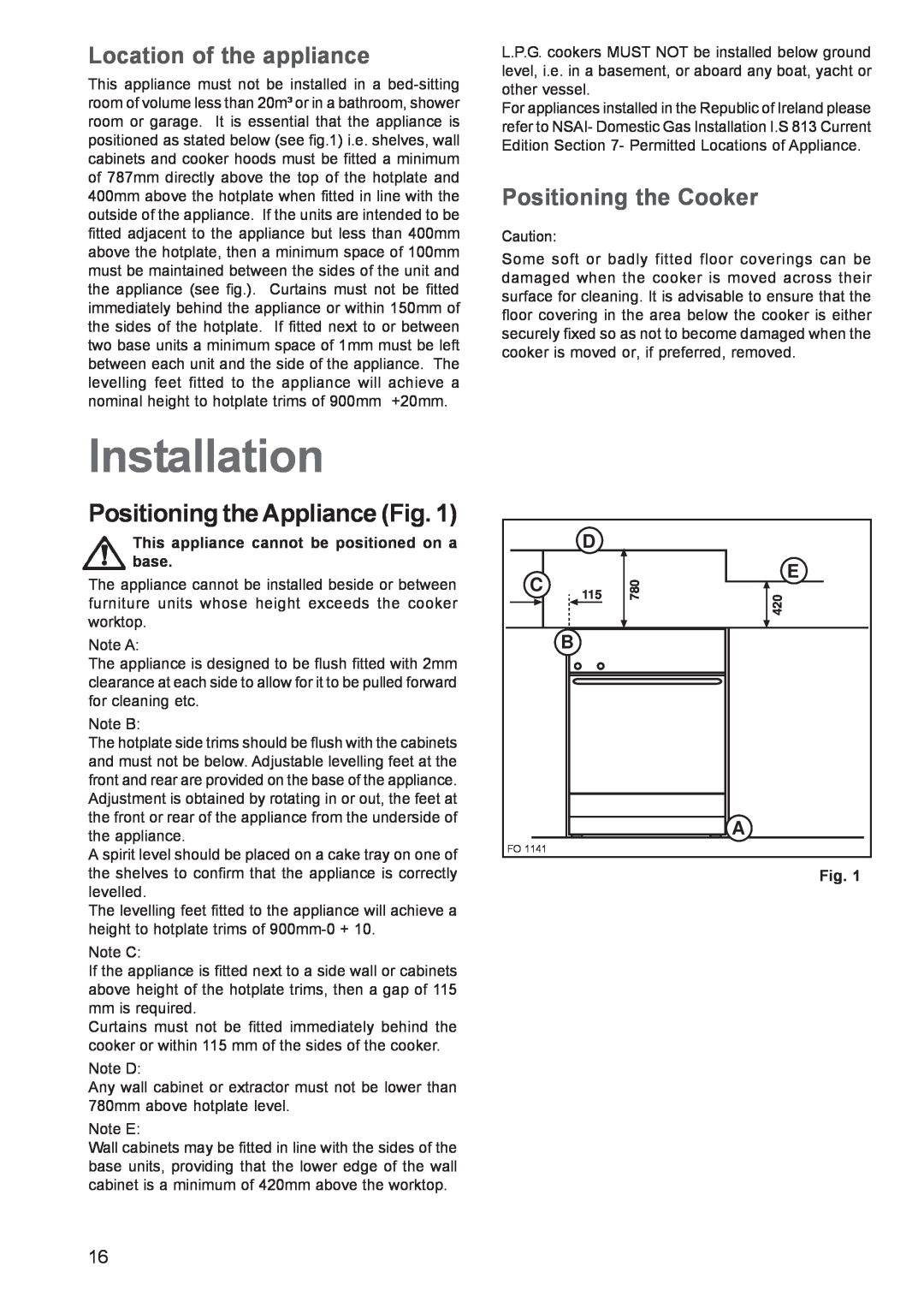 Zanussi ZCM 640 ZCM 641 Installation, Positioning the Appliance Fig, Location of the appliance, Positioning the Cooker 