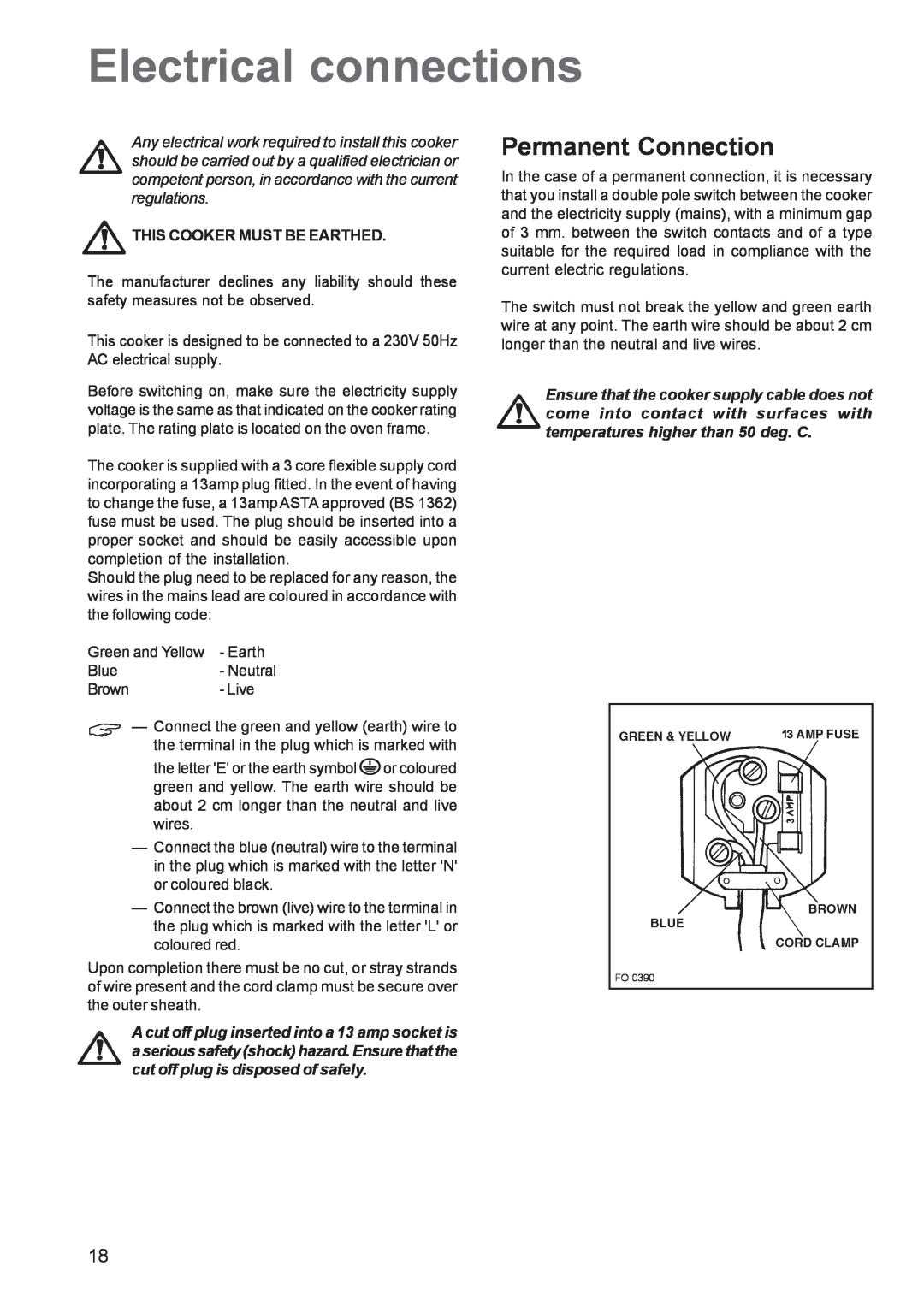 Zanussi ZCM 640 ZCM 641 manual Electrical connections, Permanent Connection, This Cooker Must Be Earthed 