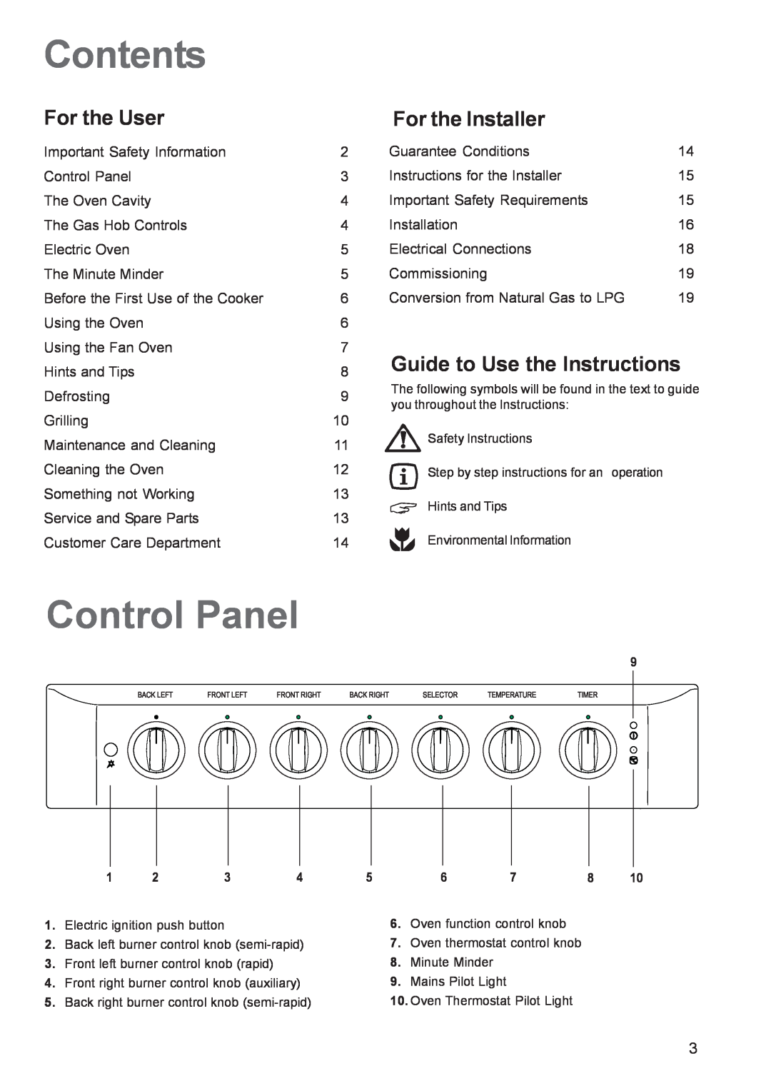 Zanussi ZCM 640 ZCM 641 manual Contents, Control Panel, For the User, For the Installer, Guide to Use the Instructions 