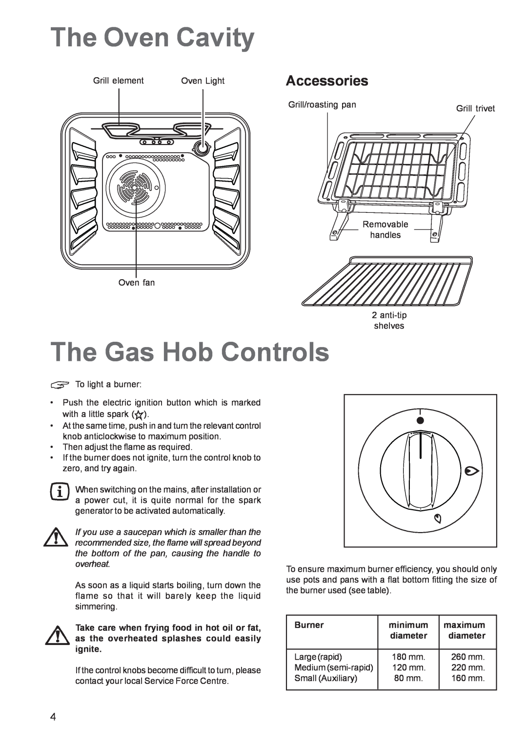 Zanussi ZCM 640 ZCM 641 manual The Oven Cavity, The Gas Hob Controls, Accessories, Burner, minimum, maximum, diameter 