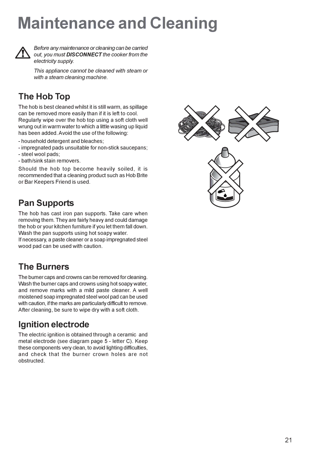 Zanussi ZCM 651, ZCM 650 manual Maintenance and Cleaning, Hob Top, Pan Supports, Burners, Ignition electrode 
