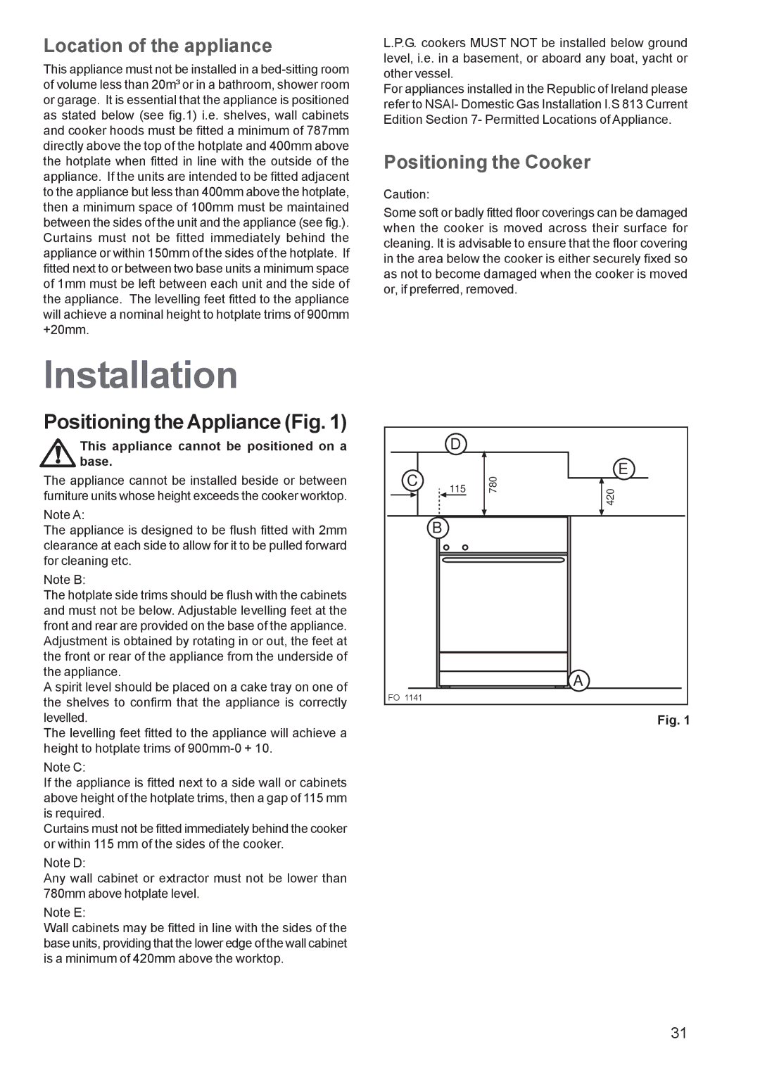 Zanussi ZCM 651, ZCM 650 manual Installation, Positioning the Appliance Fig, This appliance cannot be positioned on a base 