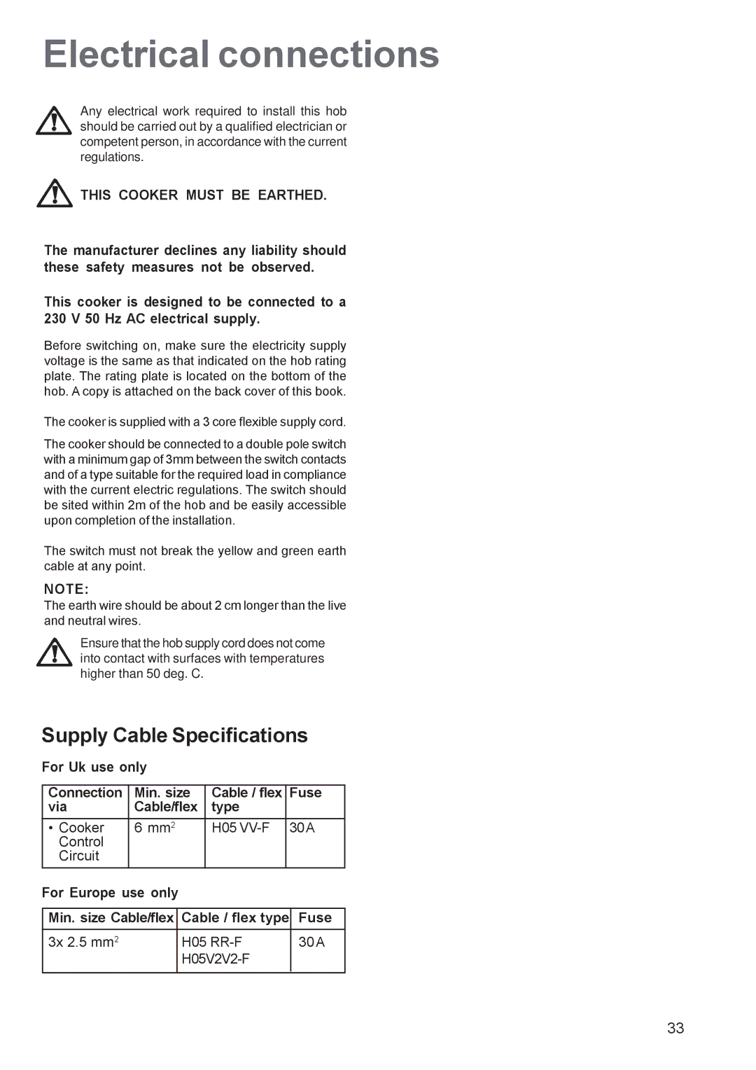 Zanussi ZCM 651, ZCM 650 manual Electrical connections, Supply Cable Specifications, Min. size Cable/flex 