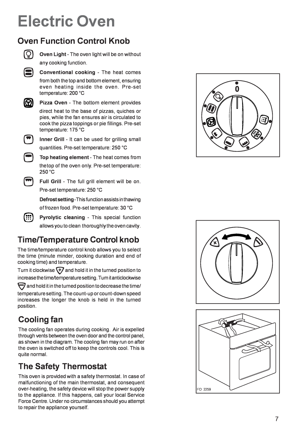 Zanussi ZCM 650 ZCM 651 manual Electric Oven, Oven Function Control Knob, Time/Temperature Control knob, Cooling fan 