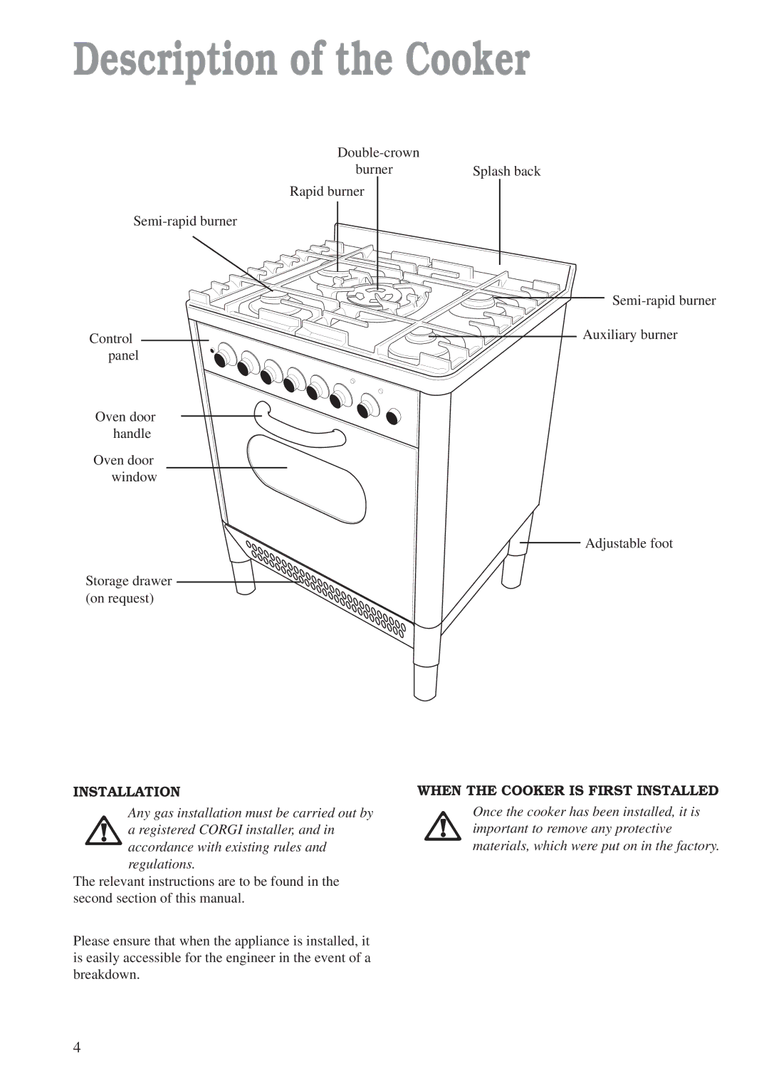 Zanussi ZCM 700 X manual Description of the Cooker, Installation, When the Cooker is First Installed 