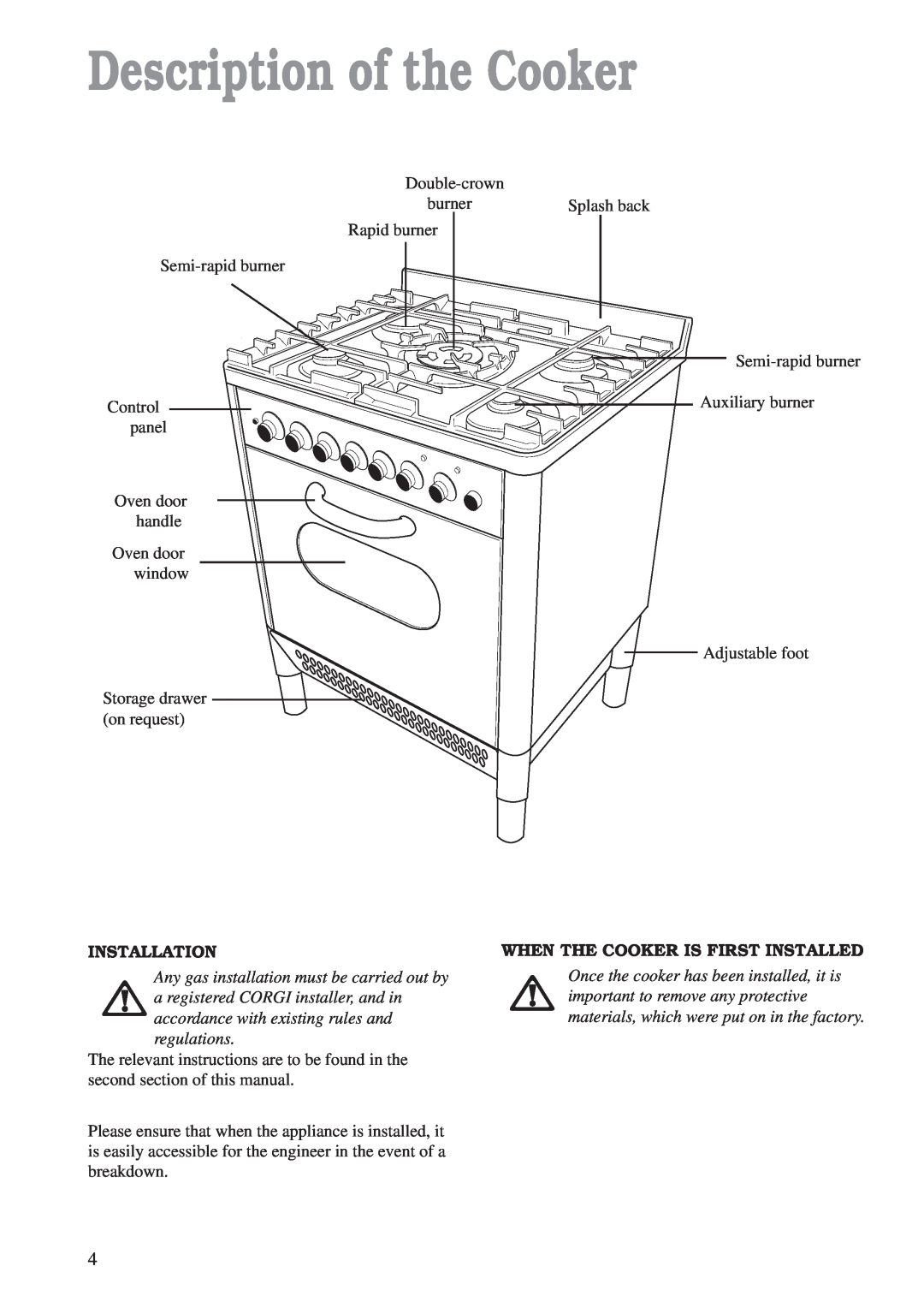 Zanussi ZCM 700 X manual Description of the Cooker, Installation, When The Cooker Is First Installed 