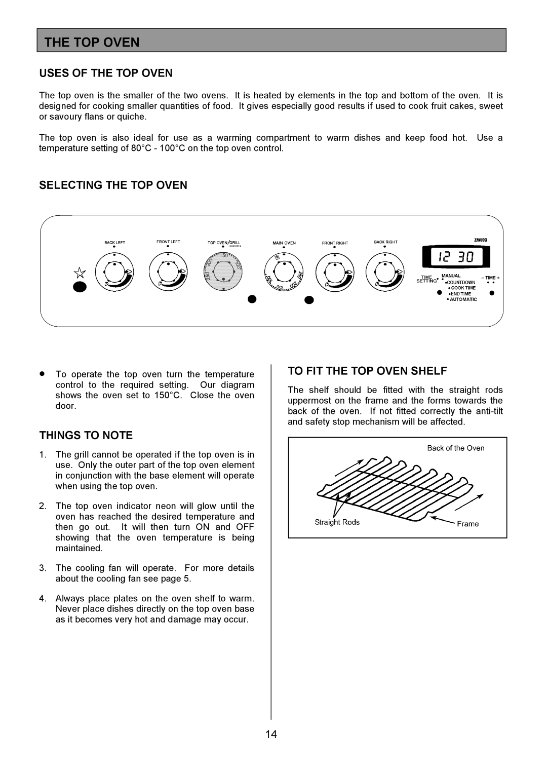 Zanussi ZCM 7701 manual Uses of the TOP Oven, Selecting the TOP Oven, To FIT the TOP Oven Shelf 