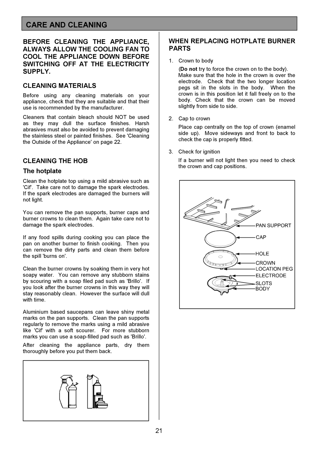 Zanussi ZCM 7701 manual Care and Cleaning, Cleaning the HOB, When Replacing Hotplate Burner Parts 