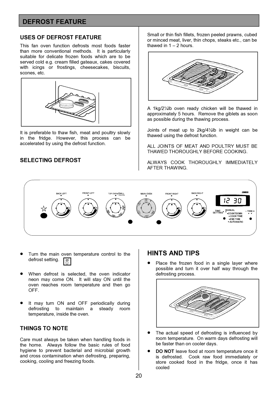 Zanussi ZCM 7901 manual Hints and Tips, Uses of Defrost Feature, Selecting Defrost 