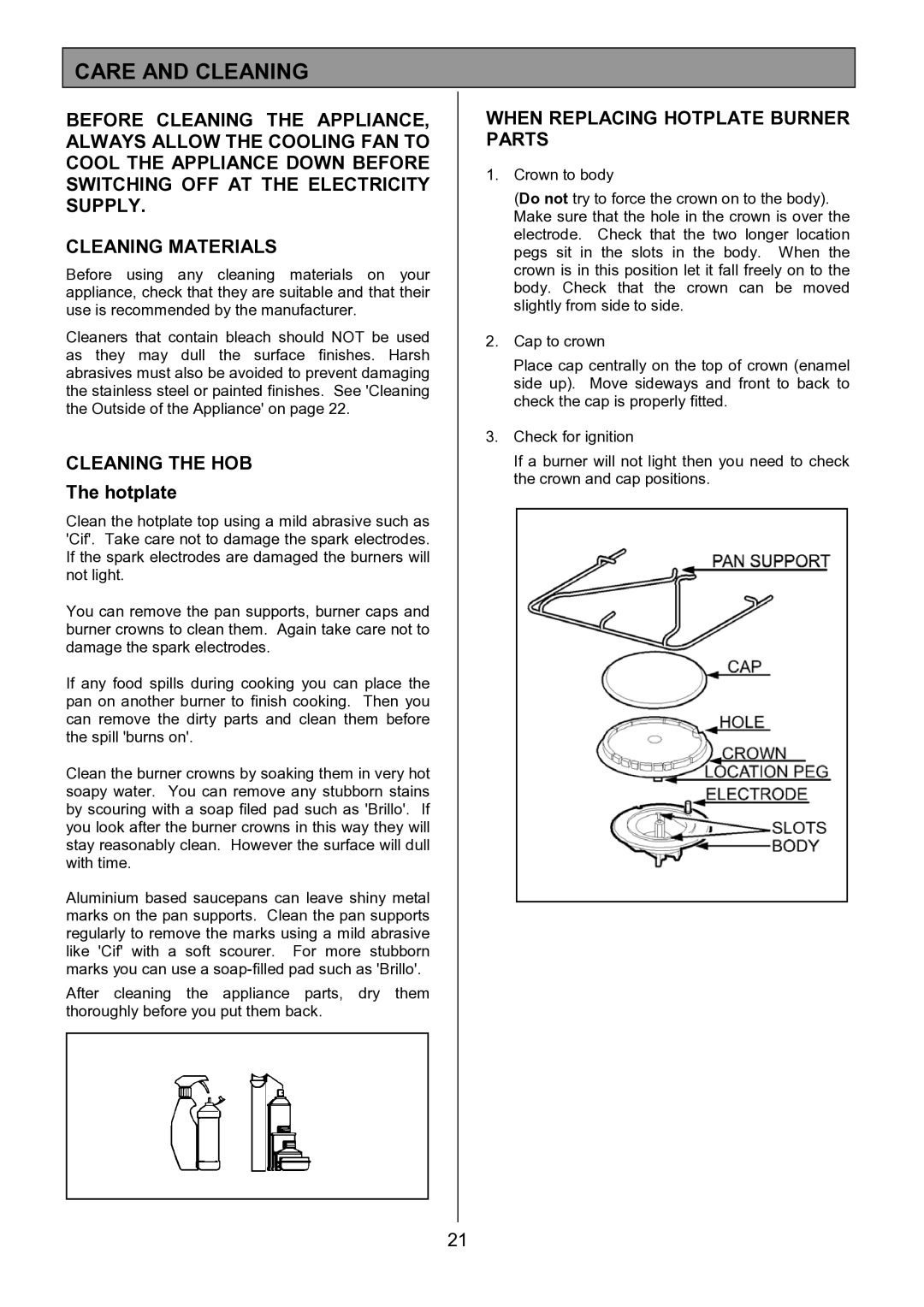 Zanussi ZCM 7901 manual Care and Cleaning, Cleaning the HOB, When Replacing Hotplate Burner Parts 