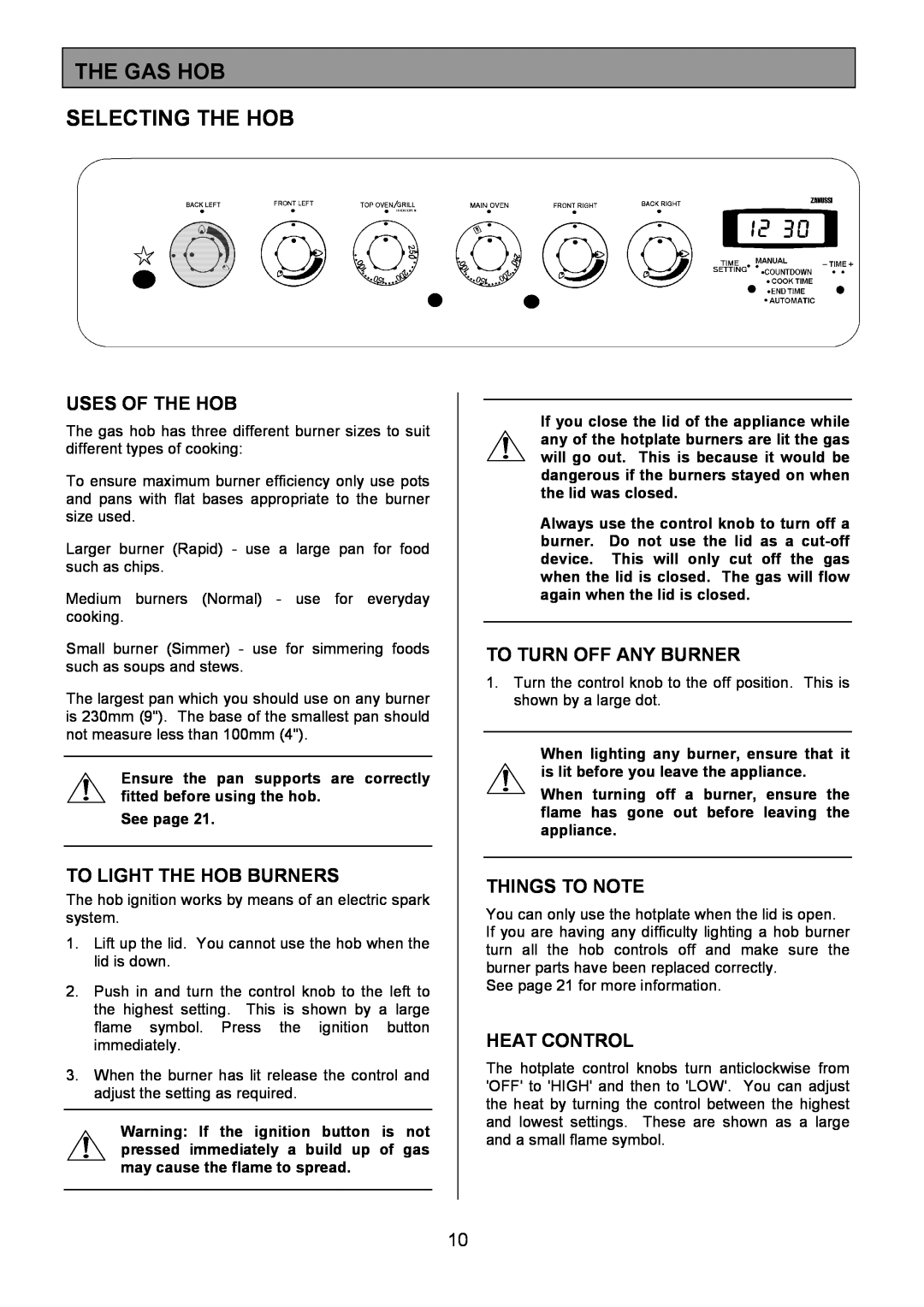 Zanussi ZCM 7901 manual The Gas Hob Selecting The Hob, Uses Of The Hob, To Light The Hob Burners, To Turn Off Any Burner 
