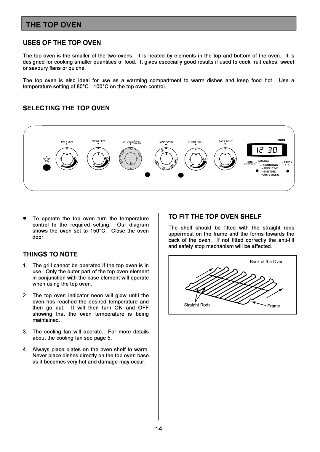 Zanussi ZCM 7901 manual Uses Of The Top Oven, Selecting The Top Oven, To Fit The Top Oven Shelf, Things To Note 