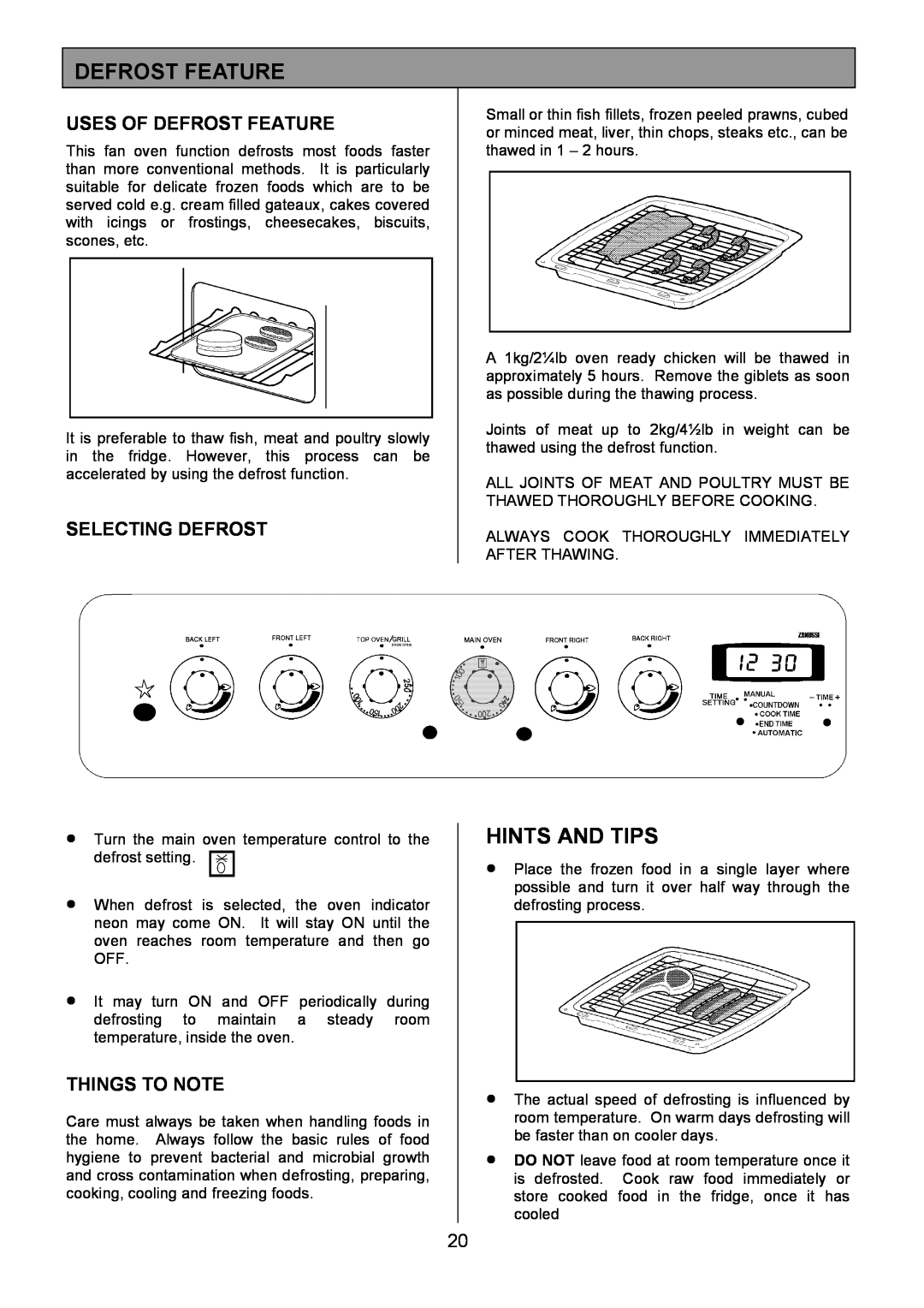 Zanussi ZCM 7901 manual Hints And Tips, Uses Of Defrost Feature, Selecting Defrost, Things To Note 