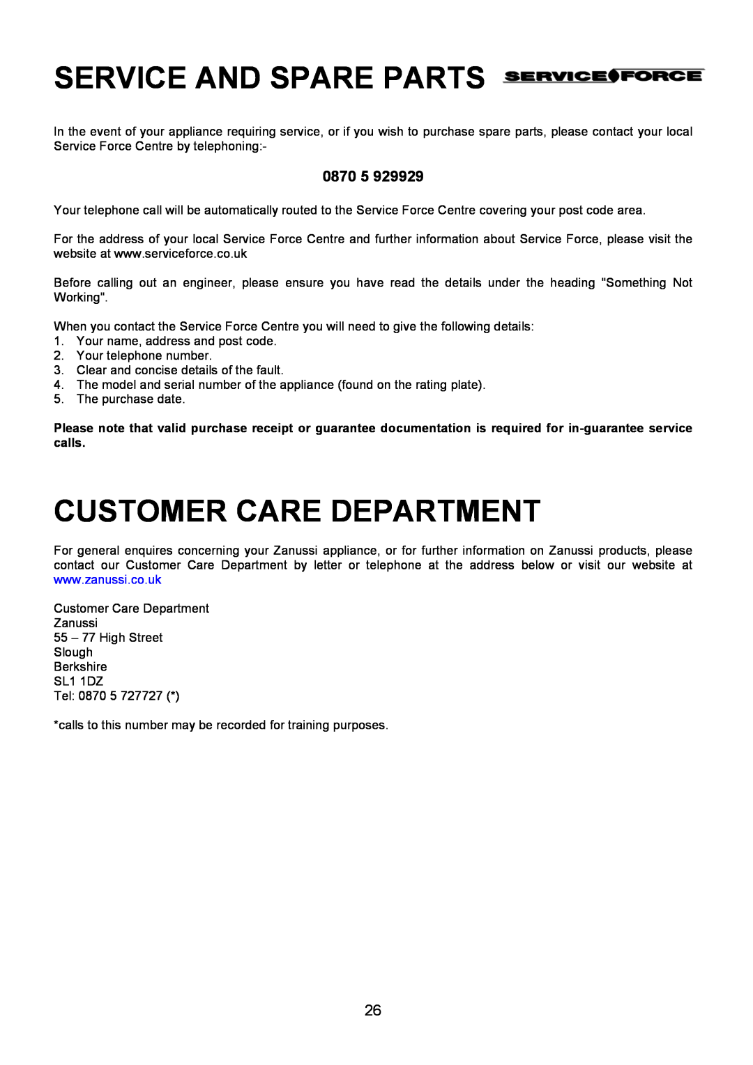 Zanussi ZCM 7901 manual 0870, Service And Spare Parts, Customer Care Department 