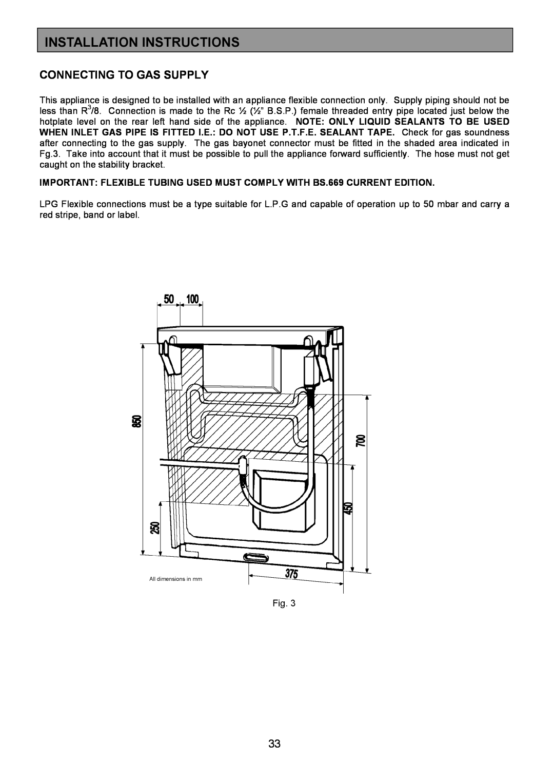 Zanussi ZCM 7901 manual Connecting To Gas Supply, Installation Instructions, All dimensions in mm 