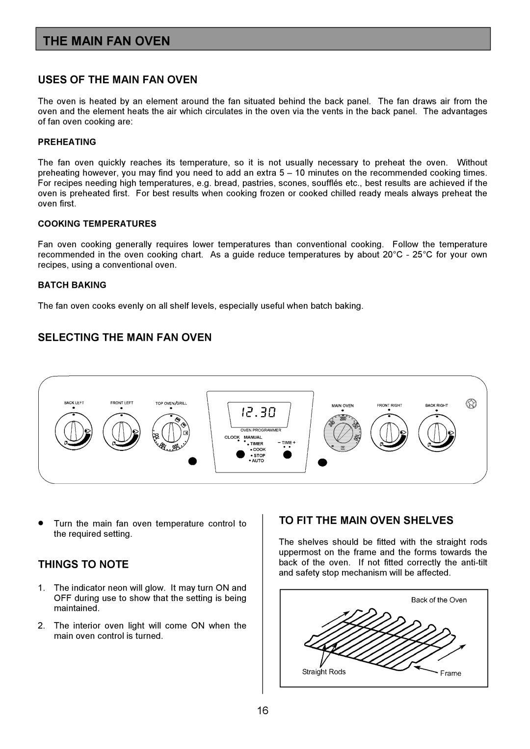 Zanussi ZCM 8021 manual Uses of the Main FAN Oven, Selecting the Main FAN Oven, To FIT the Main Oven Shelves 