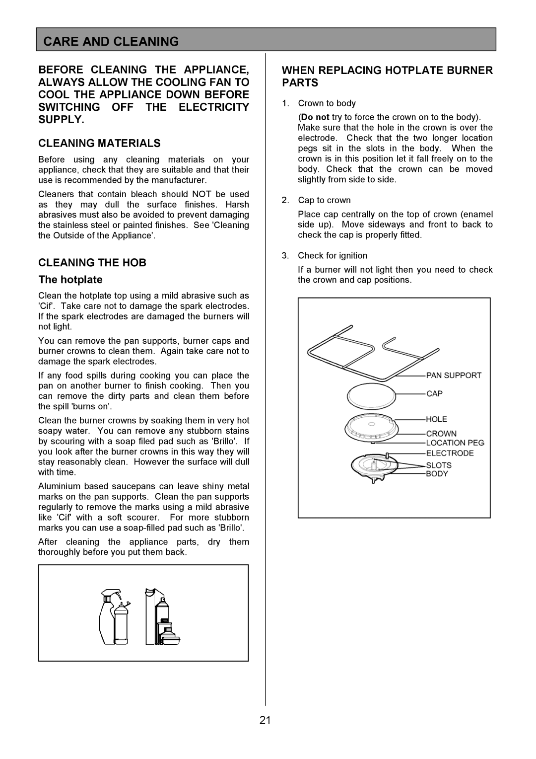 Zanussi ZCM 8021 manual Care and Cleaning, Cleaning the HOB, When Replacing Hotplate Burner Parts 