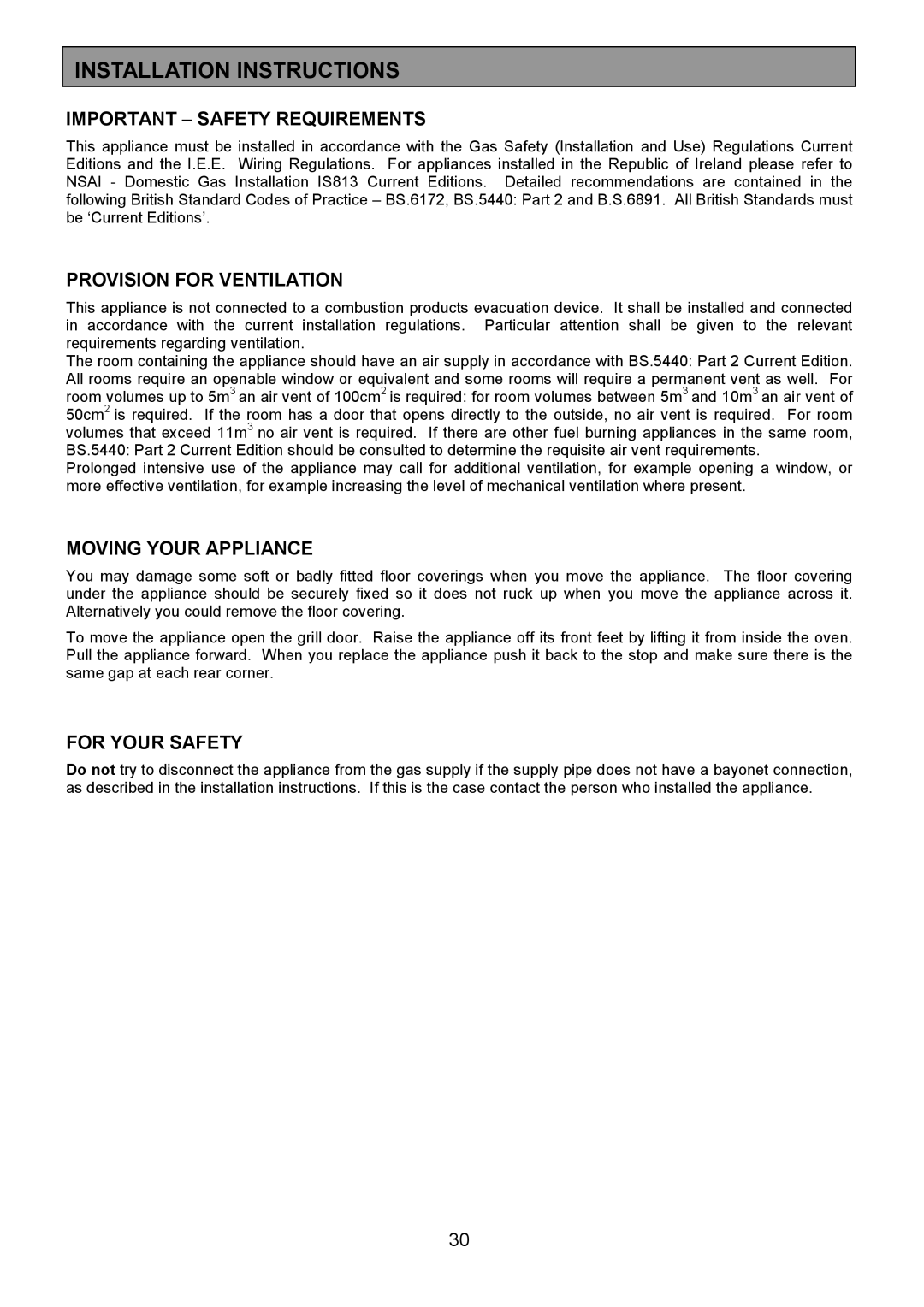 Zanussi ZCM 8021 manual Important Safety Requirements, Provision for Ventilation, Moving Your Appliance 