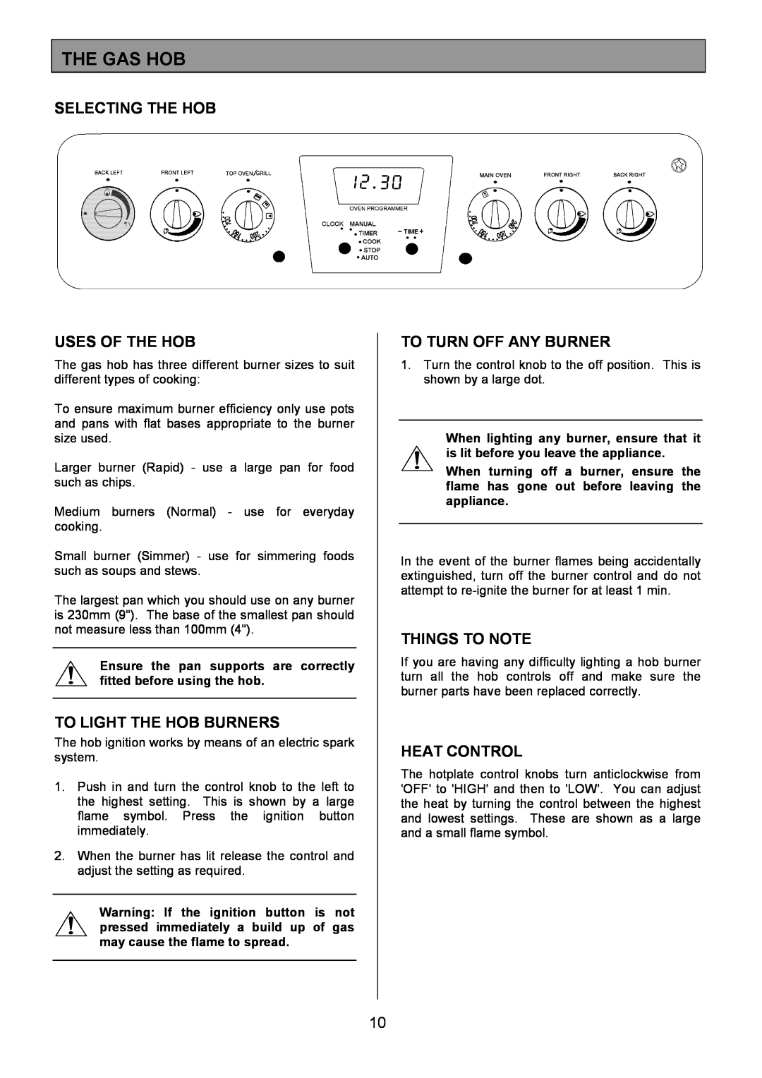 Zanussi ZCM 8021 manual The Gas Hob, Selecting The Hob Uses Of The Hob, To Light The Hob Burners, To Turn Off Any Burner 