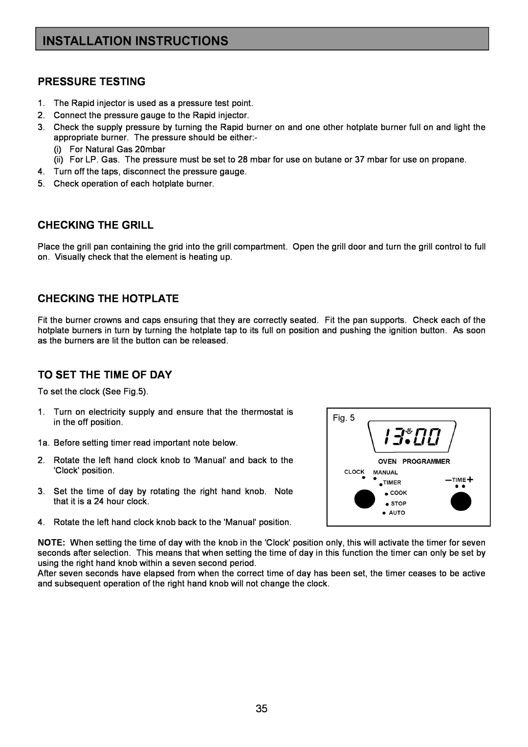 Zanussi ZCM 8021 manual Pressure Testing, Checking The Grill, Checking The Hotplate, Installation Instructions 