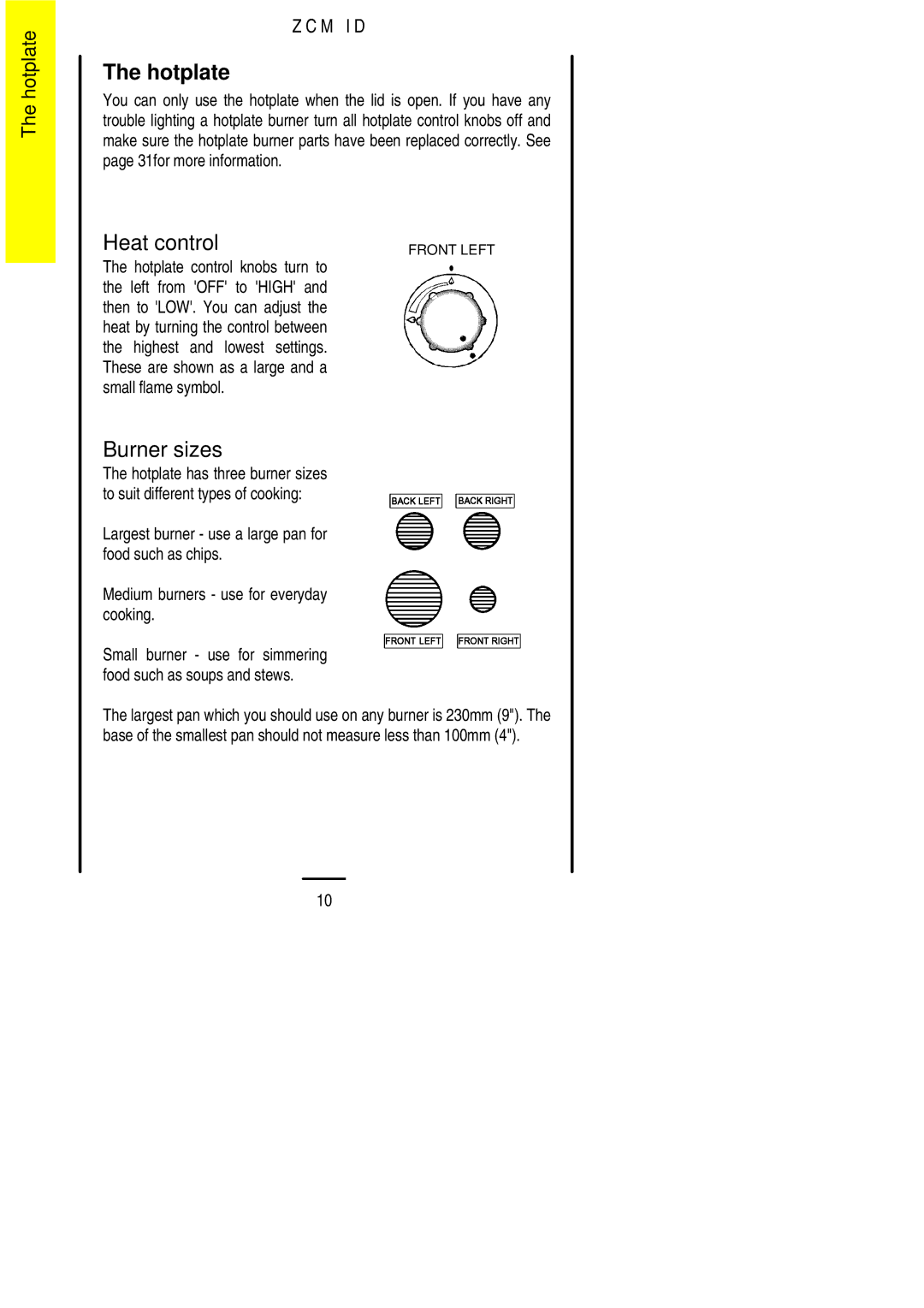 Zanussi ZCM ID manual Hotplate, Burner sizes 