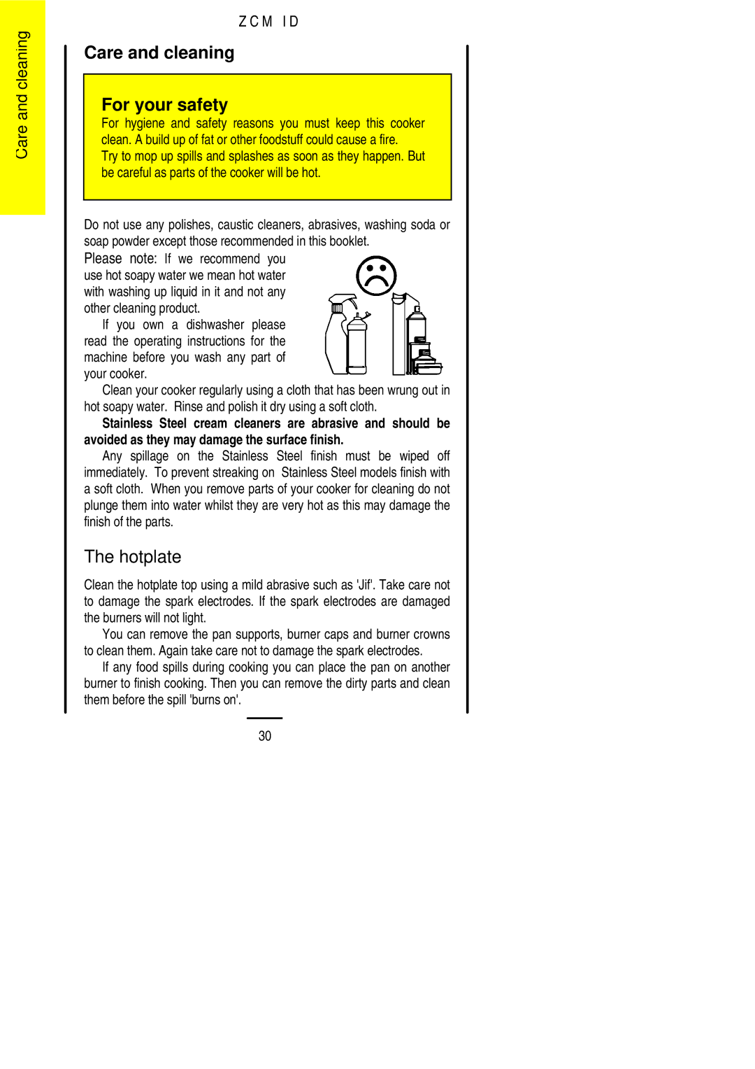 Zanussi ZCM ID manual Care and cleaning For your safety, Hotplate 