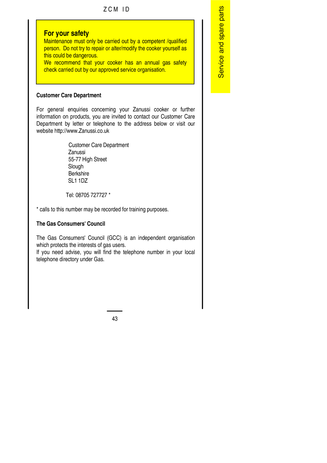 Zanussi ZCM ID manual Customer Care Department 