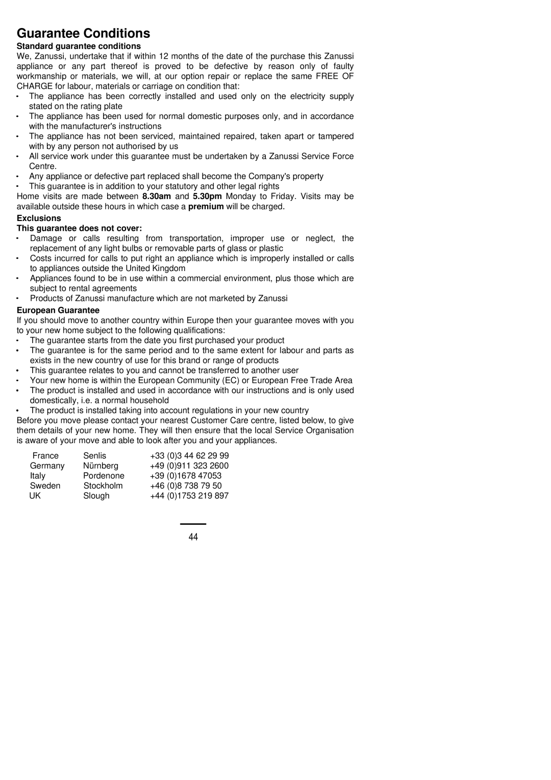 Zanussi ZCM ID manual Guarantee Conditions, Standard guarantee conditions 