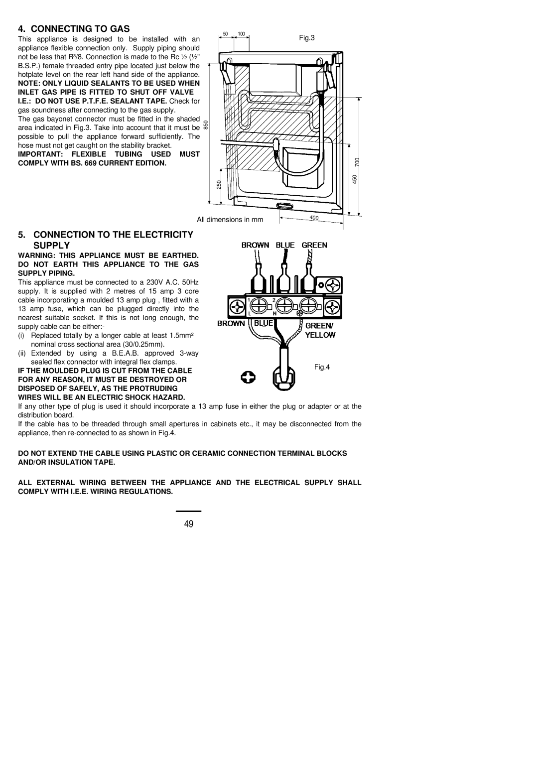 Zanussi ZCM ID manual Connecting to GAS, Connection to the Electricity Supply 