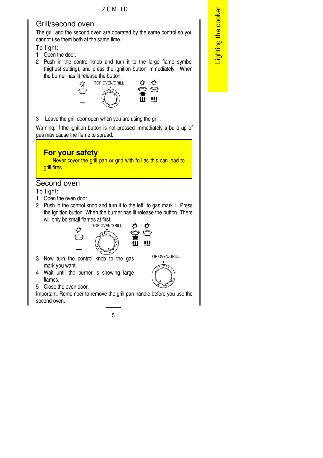 Zanussi ZCM ID manual Grill/second oven, Second oven 