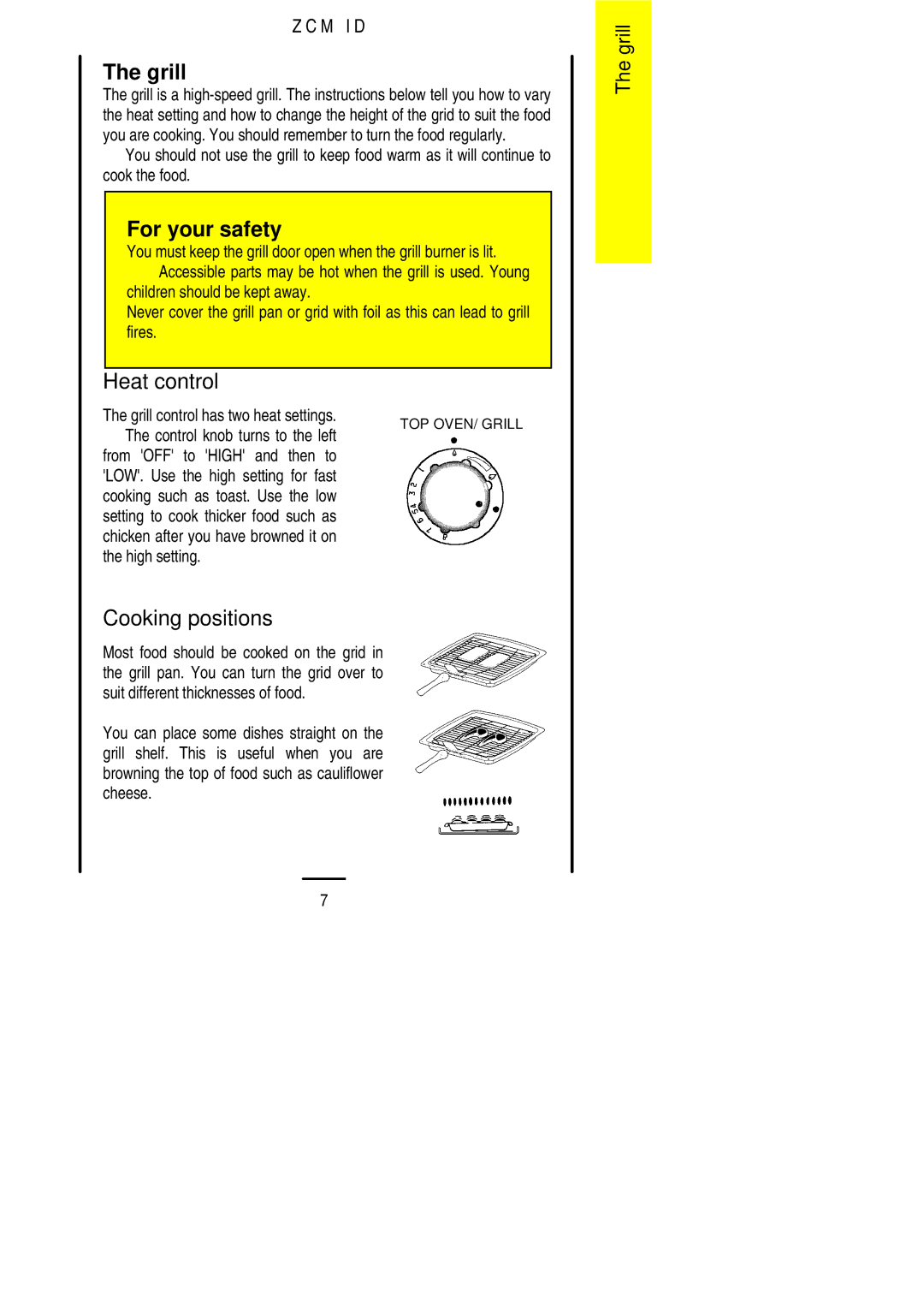 Zanussi ZCM ID manual Heat control, Cooking positions, Grill control has two heat settings 