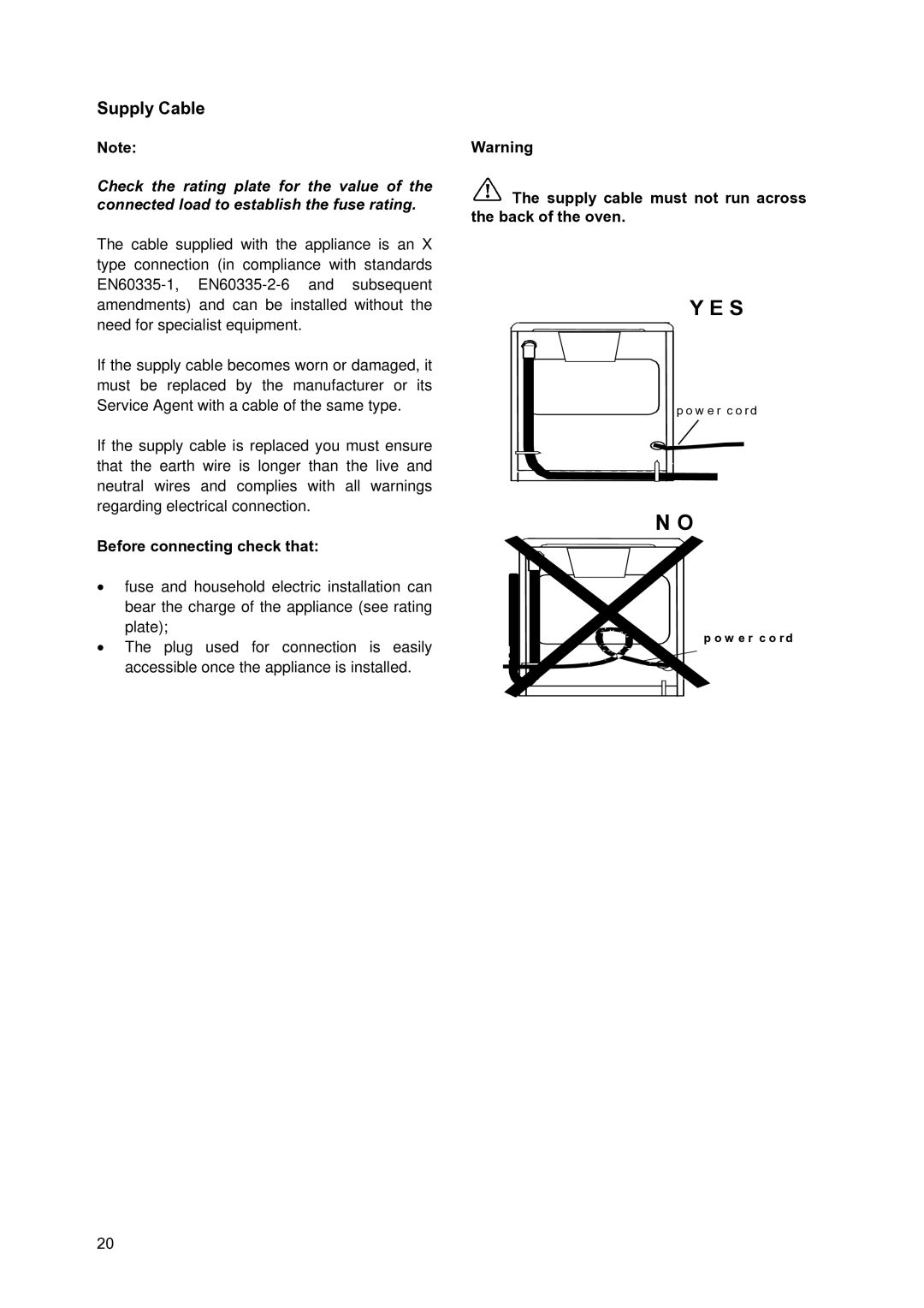 Zanussi ZCM900X manual Supply Cable, Before connecting check that, Supply cable must not run across the back of the oven 