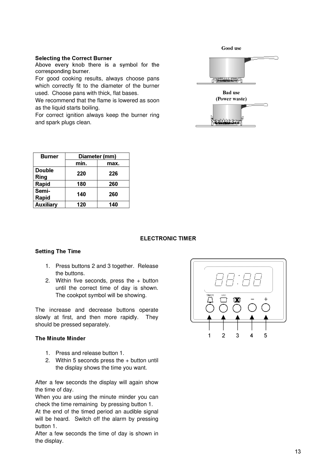 Zanussi ZCM930X Selecting the Correct Burner, Burner Diameter mm, Double 220 226 Ring Rapid 180 260 Semi 140 Auxiliary 120 