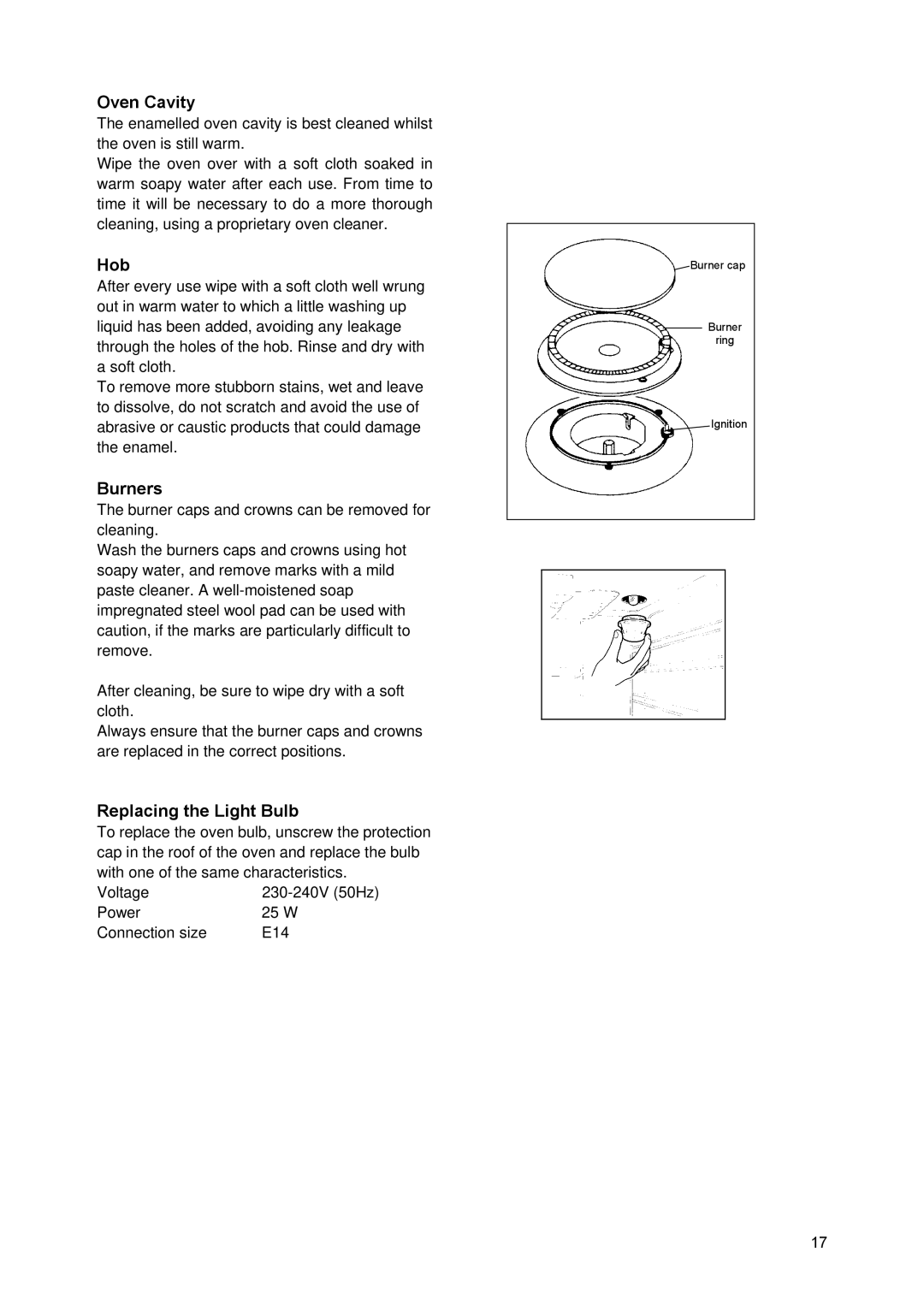 Zanussi ZCM930X manual Oven Cavity, Burners, Replacing the Light Bulb 