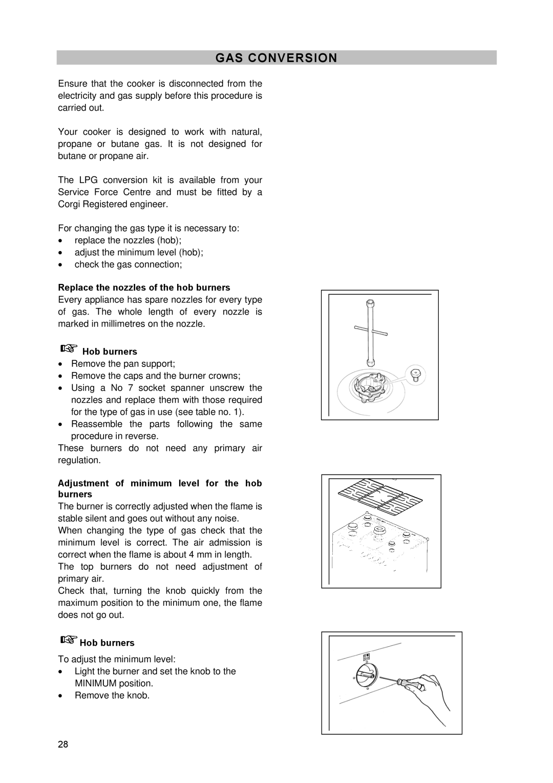 Zanussi ZCM930X manual GAS Conversion, Replace the nozzles of the hob burners, Hob burners 