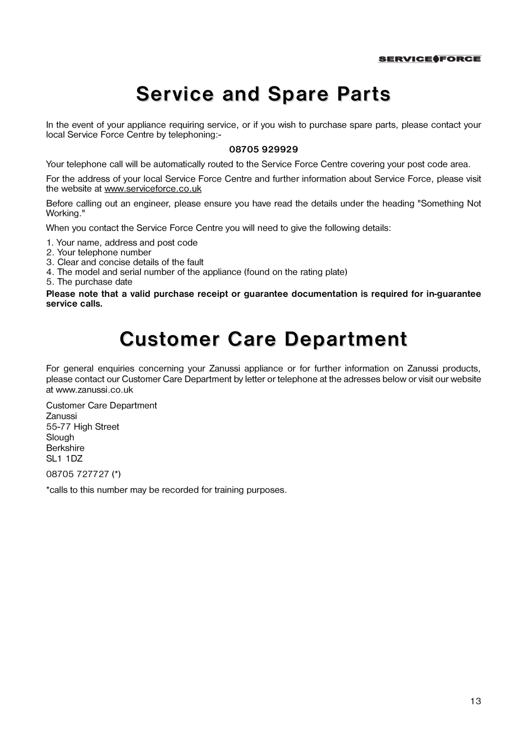 Zanussi ZCO 99/4 W manual Service and Spare Parts, Customer Care Department, 08705 