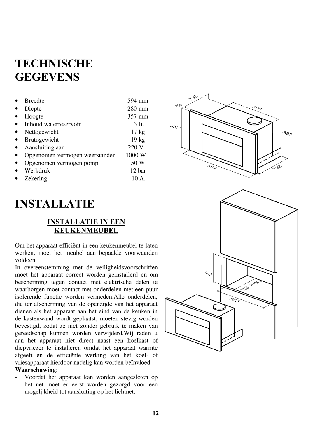 Zanussi ZCOF 637 X instruction manual Technische Gegevens, Installatie in EEN Keukenmeubel, Waarschuwing 