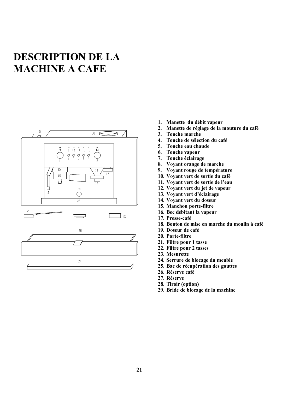 Zanussi ZCOF 637 X instruction manual Description DE LA Machine a Cafe 