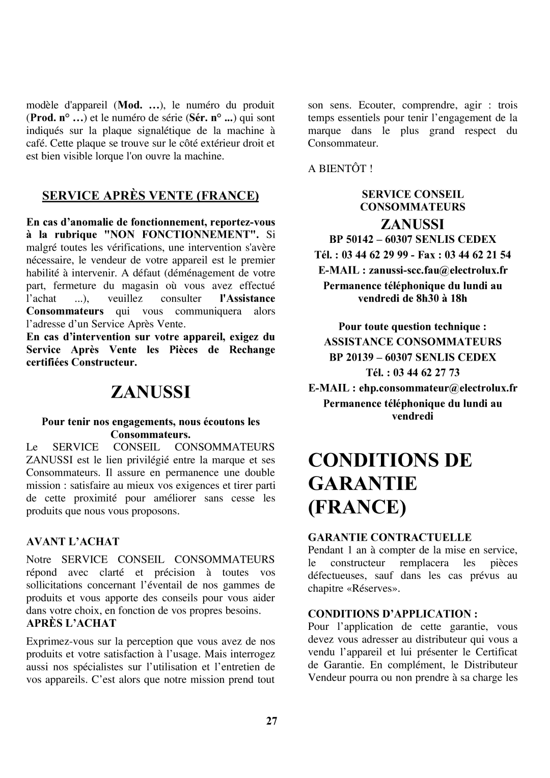 Zanussi ZCOF 637 X instruction manual Conditions DE Garantie France, Service Après Vente France 