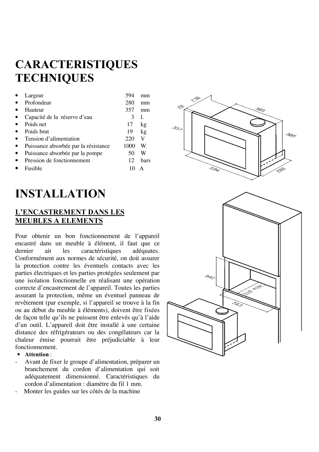 Zanussi ZCOF 637 X instruction manual Caracteristiques Techniques, Installation, ’ENCASTREMENT Dans LES Meubles a Elements 