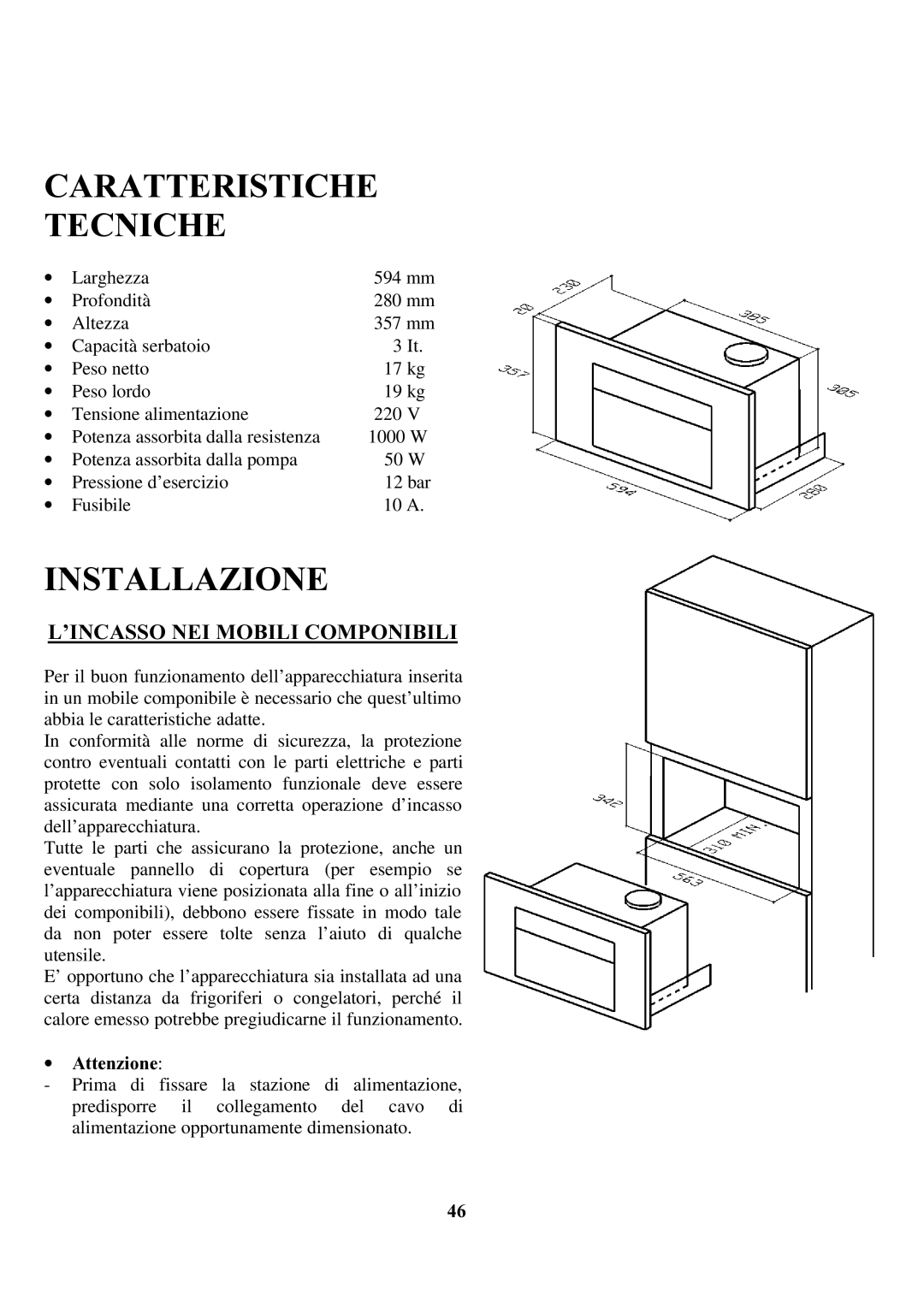 Zanussi ZCOF 637 X Caratteristiche Tecniche, Installazione, ’INCASSO NEI Mobili Componibili, ∙ Attenzione 