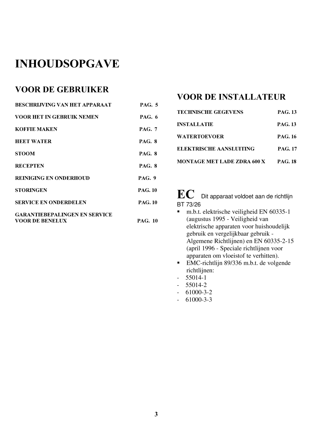 Zanussi ZCOF 637 X instruction manual Inhoudsopgave, Voor DE Gebruiker 