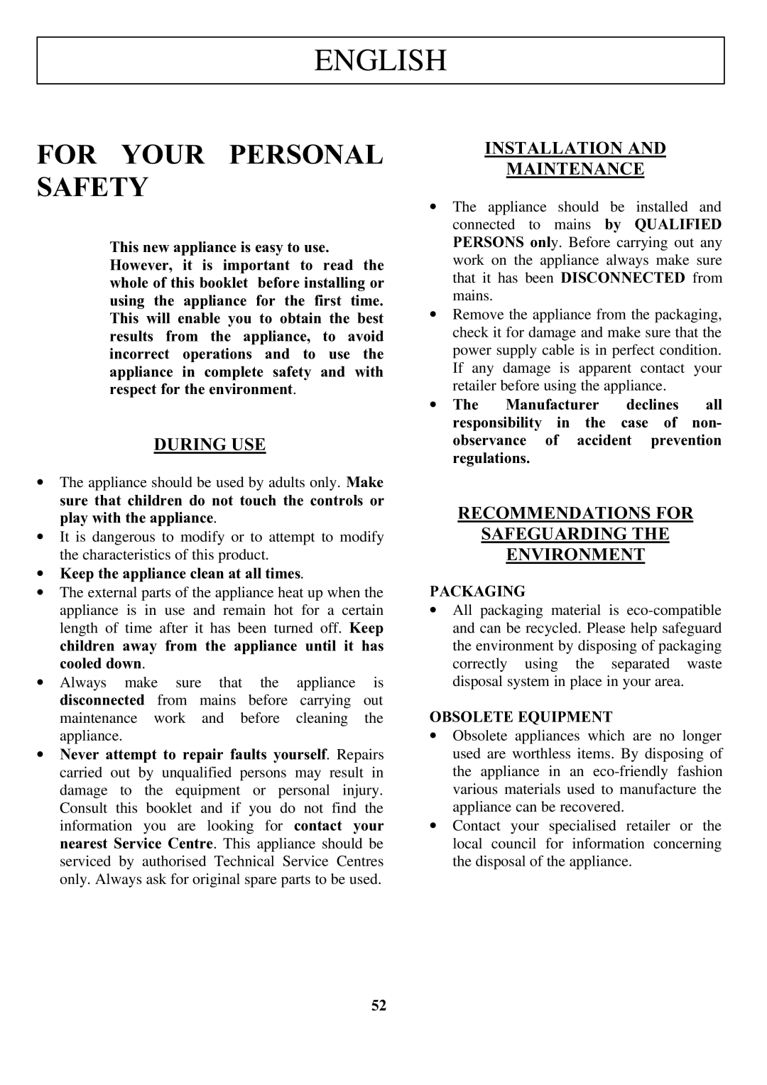 Zanussi ZCOF 637 X instruction manual For Your Personal Safety, During USE, Installation Maintenance 