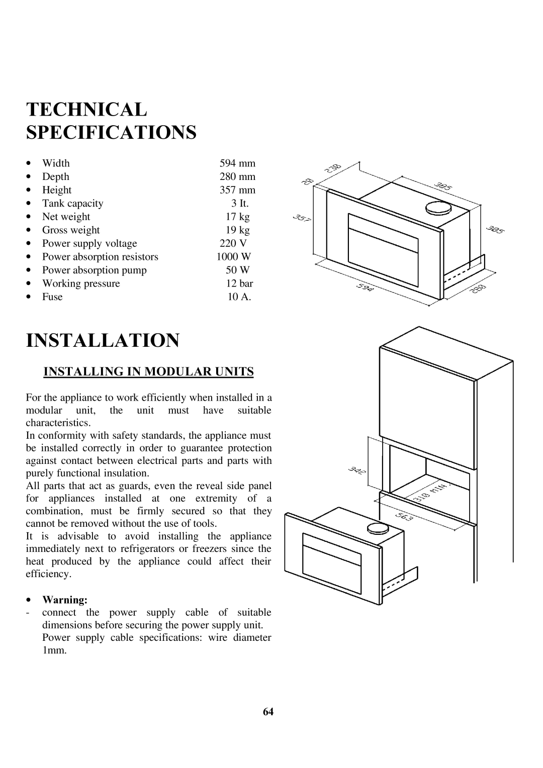 Zanussi ZCOF 637 X instruction manual Technical Specifications, Installing in Modular Units, ∙ Warning 