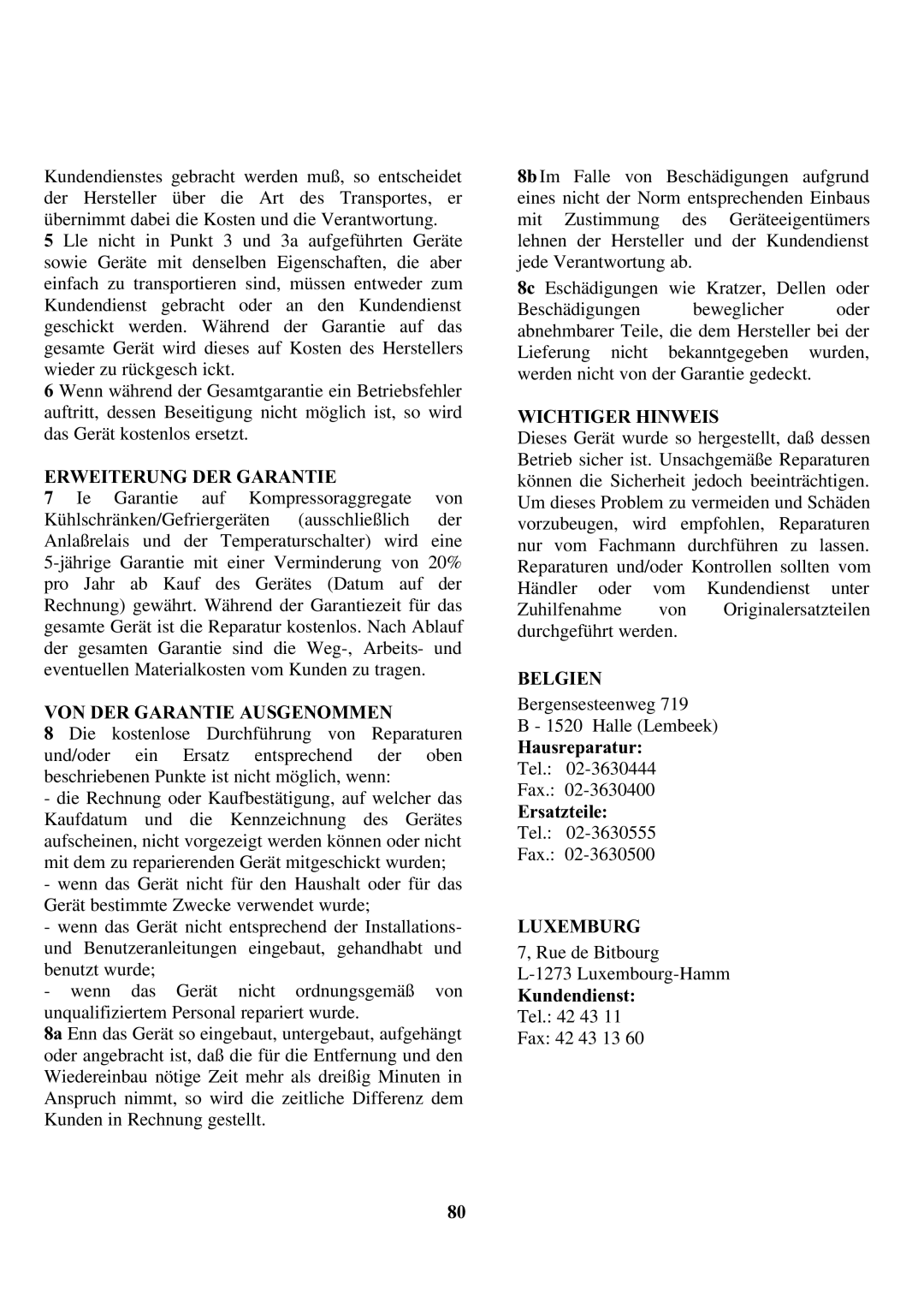 Zanussi ZCOF 637 X instruction manual Erweiterung DER Garantie, VON DER Garantie Ausgenommen, Wichtiger Hinweis, Belgien 