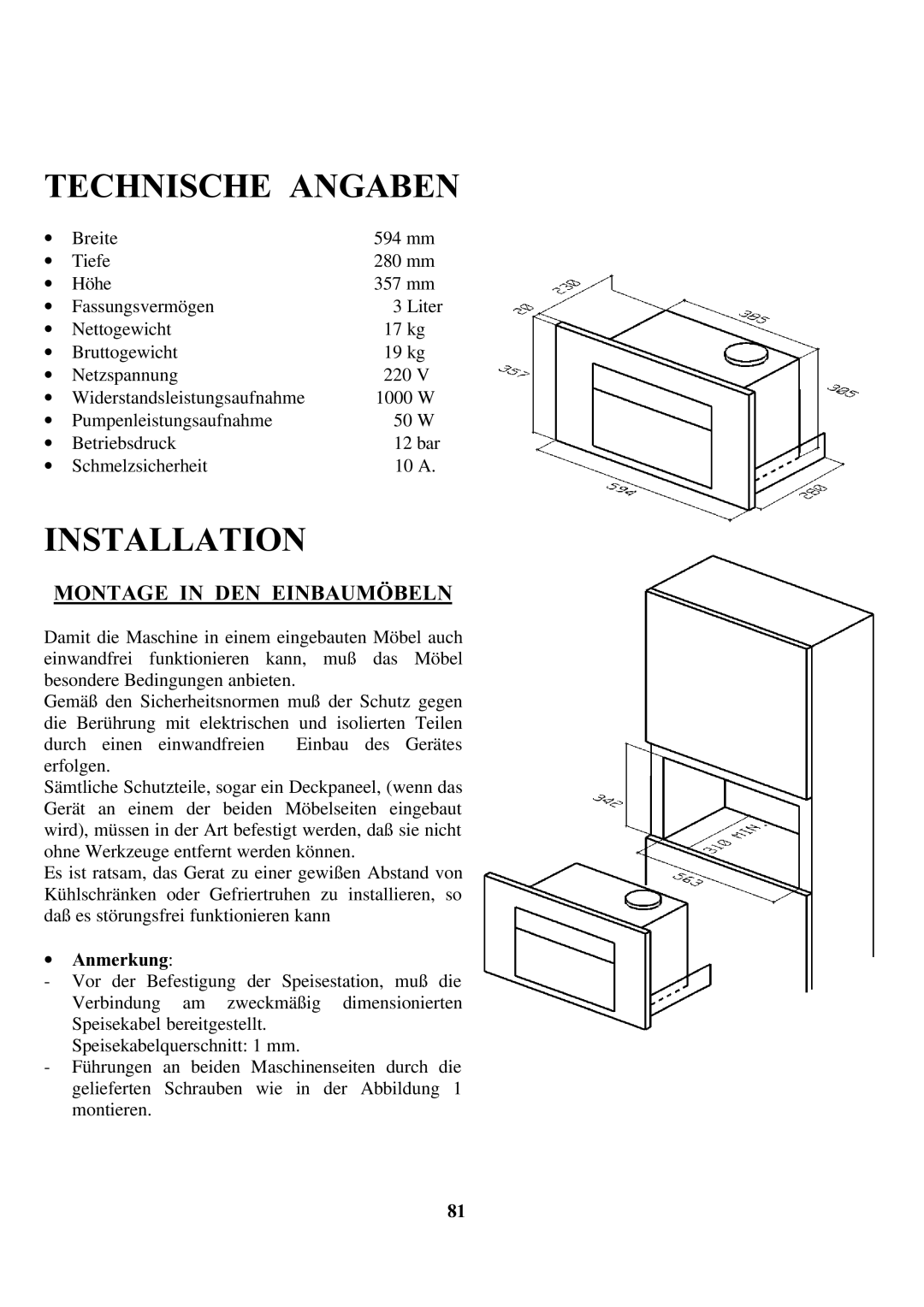 Zanussi ZCOF 637 X instruction manual Technische Angaben, Montage in DEN Einbaumöbeln, ∙ Anmerkung 