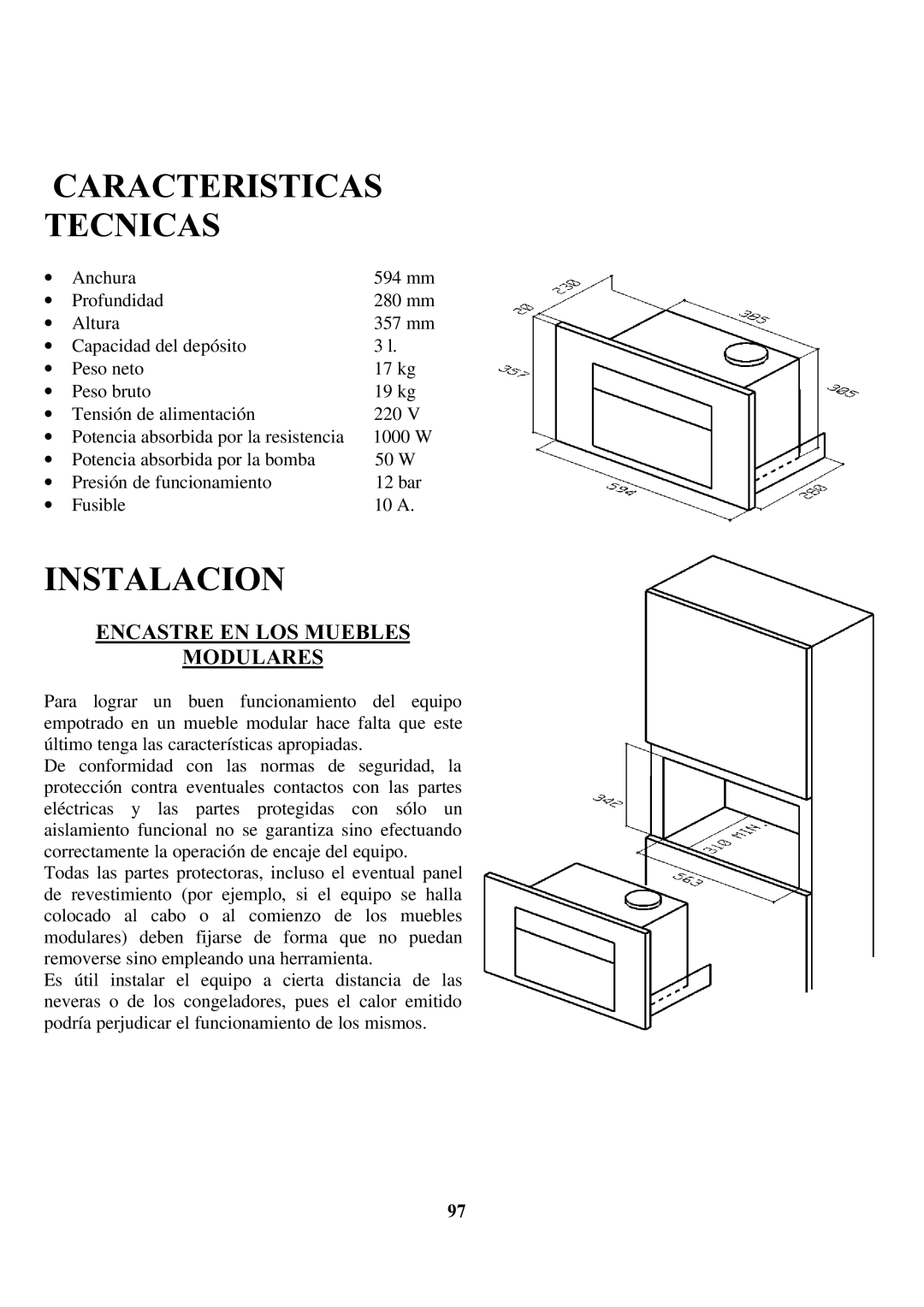 Zanussi ZCOF 637 X instruction manual Caracteristicas Tecnicas, Instalacion, Encastre EN LOS Muebles Modulares 