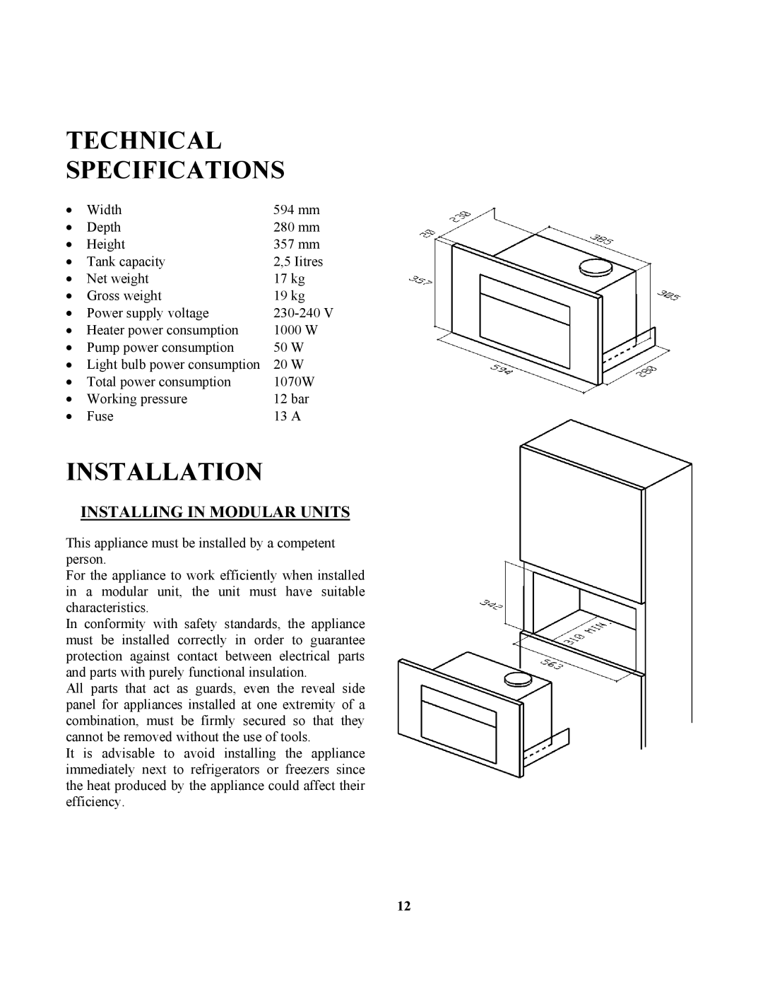 Zanussi ZCOF636X manual Technical Specifications, Installation, Installing in Modular Units 