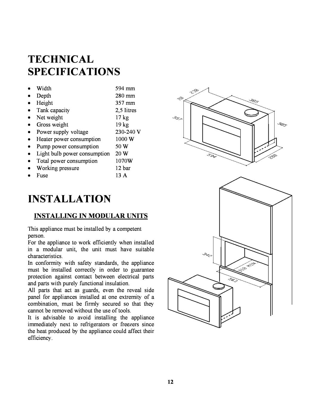 Zanussi ZCOF636X manual Technical Specifications, Installation, Installing In Modular Units 