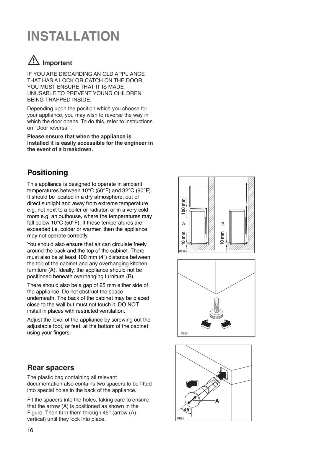 Zanussi ZCR 85 L manual Installation, Positioning, Rear spacers 